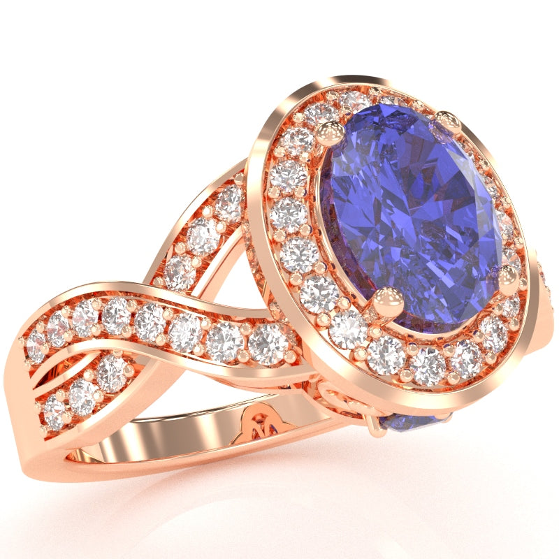 Three Stone Tanzanite Diamond Peekaboo Halo Engagement Ring In 14k Rose Gold
