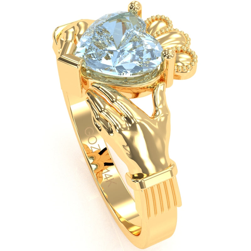 Claddagh Aquamarine Ring In Solid 14k Yellow Gold