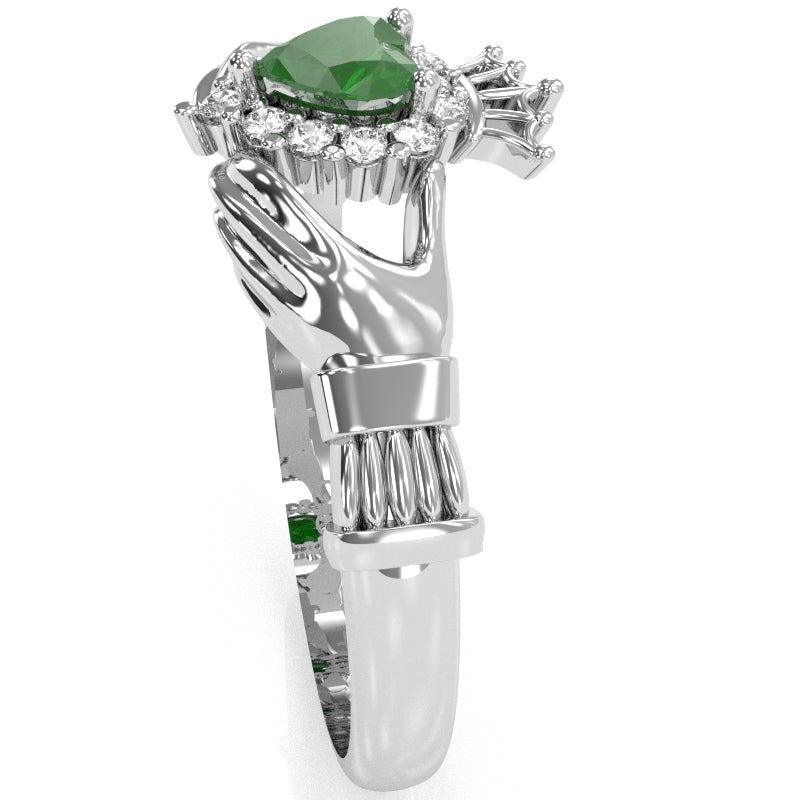 Claddagh Emerald Diamond Ring In Solid 14k White Gold