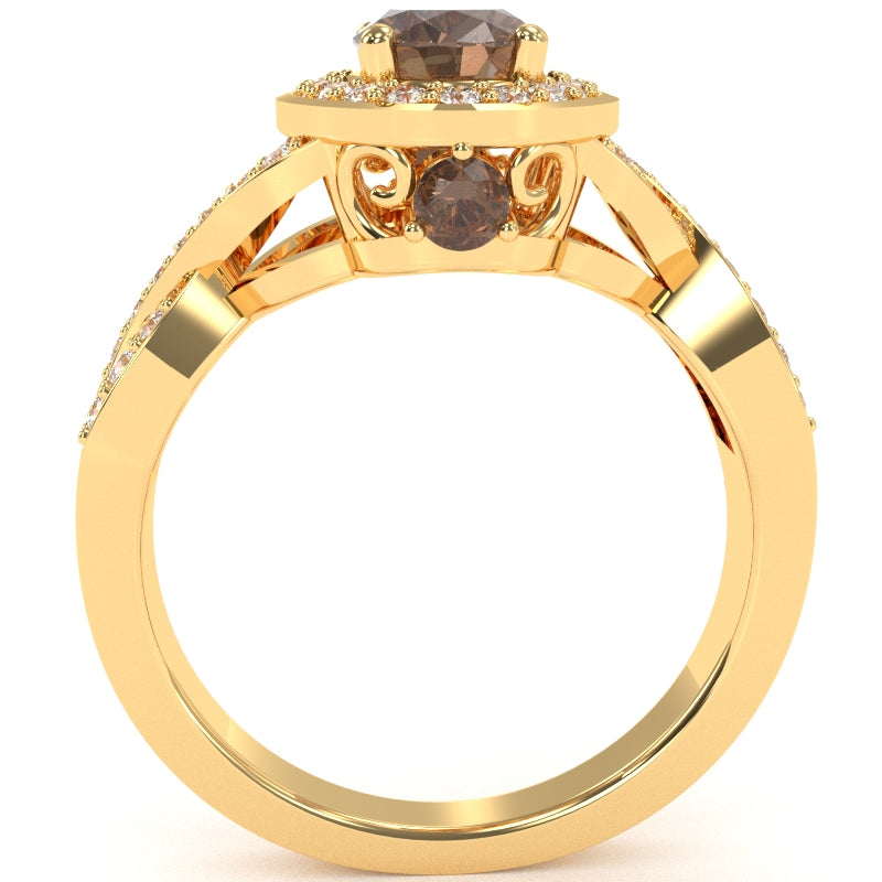 Three Stone Smoky Quartz Diamond Peekaboo Halo Engagement Ring In 14k Yellow Gold