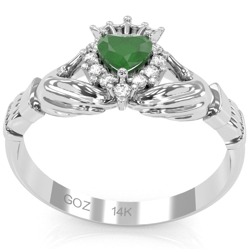 Claddagh Emerald Diamond Ring In Solid 14k White Gold
