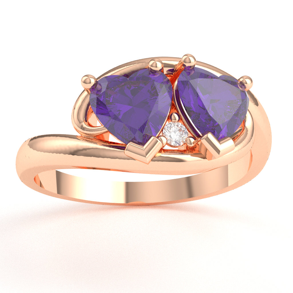 2 Hearts In Love Amethyst Diamond Promise Ring In 14k Rose Gold