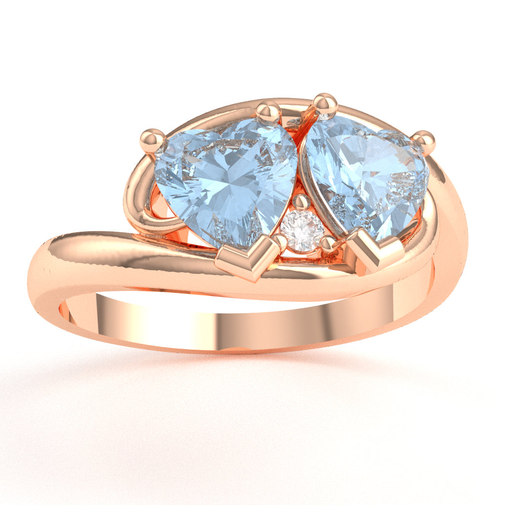 2 Hearts In Love Aquamarine Diamond Promise Ring In 14k Rose Gold