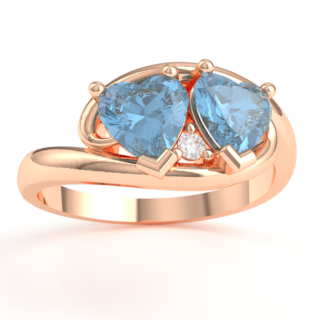 2 Hearts In Love Blue Topaz Diamond Promise Ring In 14k Rose Gold