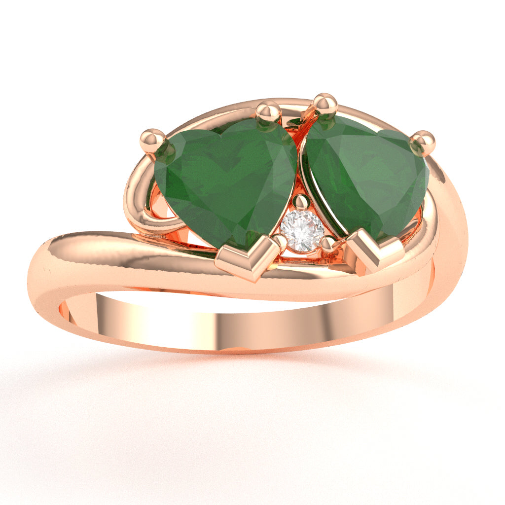 2 Hearts In Love Emerald Diamond Promise Ring In 14k Rose Gold