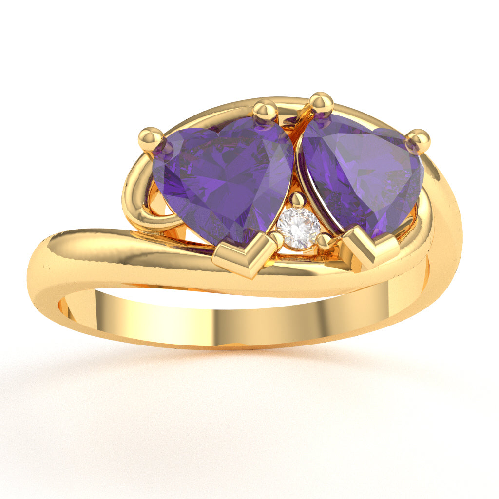 2 Hearts In Love Amethyst Diamond Promise Ring In 14k Yellow Gold