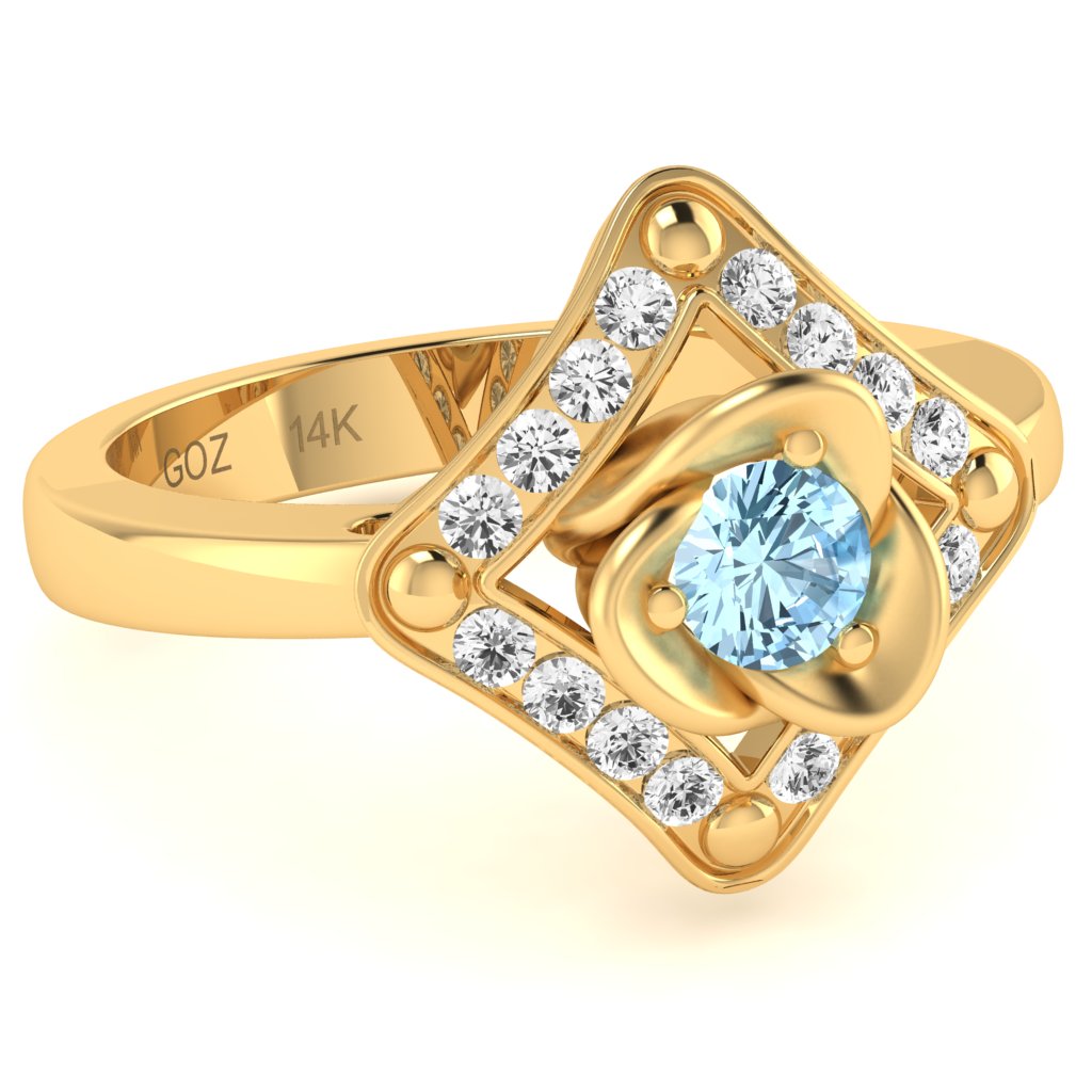 Rose Love Aquamarine Diamond Ring In 14k Yellow Gold