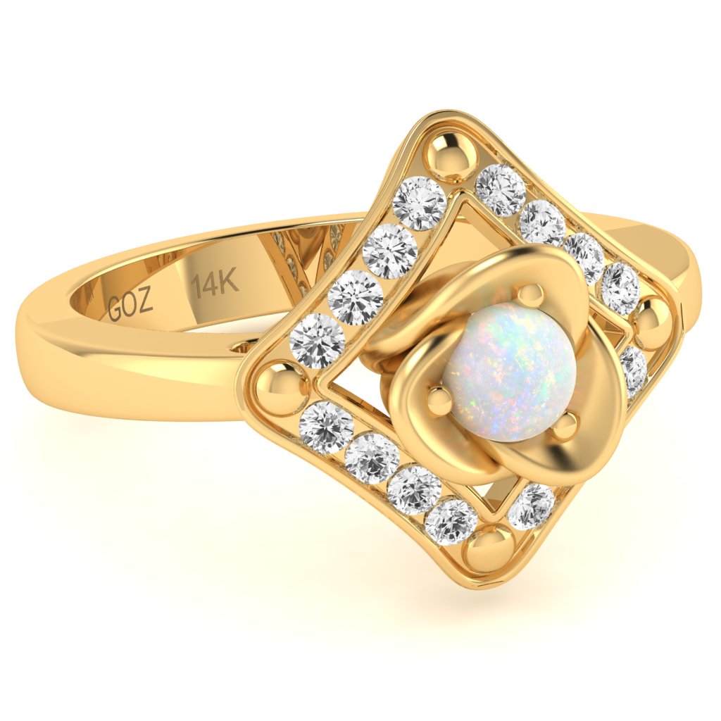 Rose Love Opal Diamond Ring In 14k Yellow Gold