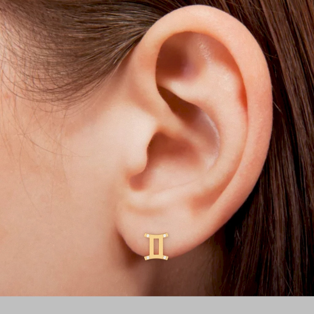 Gemini Zodiac Sign Diamond Stud Earrings In Solid 14k Yellow Gold