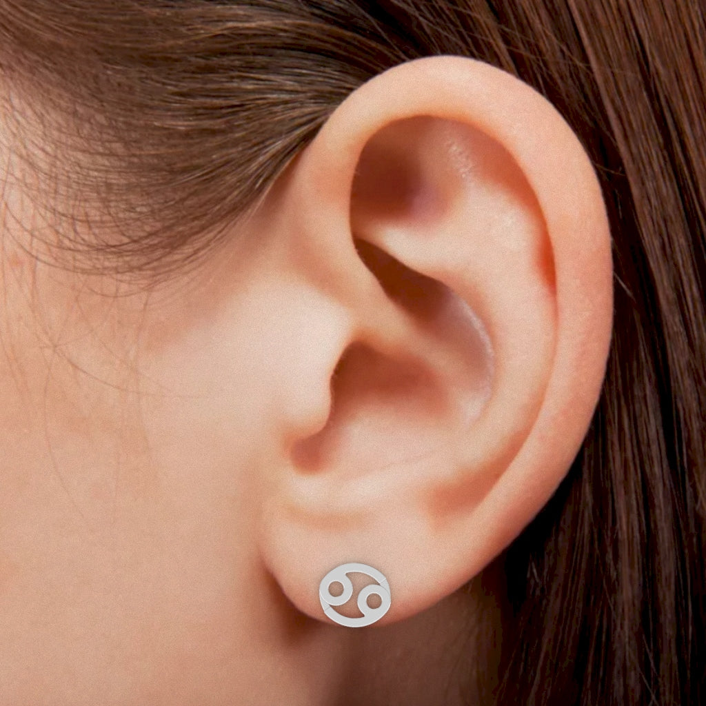 Cancer Zodiac Sign Stud Earrings In Solid 14K White Gold