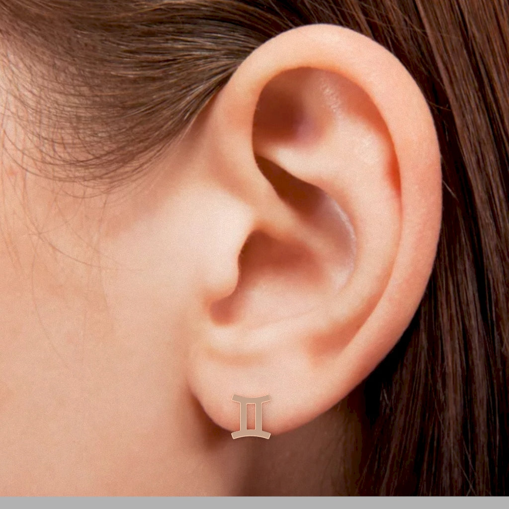 Gemini Zodiac Sign Stud Earrings In Solid 14K Rose Gold