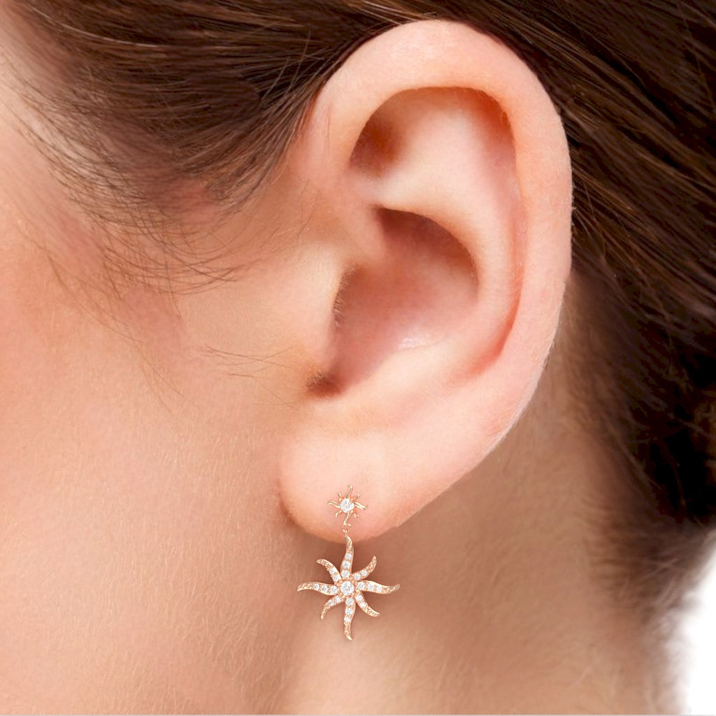 Starburst Sun Diamond Encrusted Earrings in 10k Rose Gold