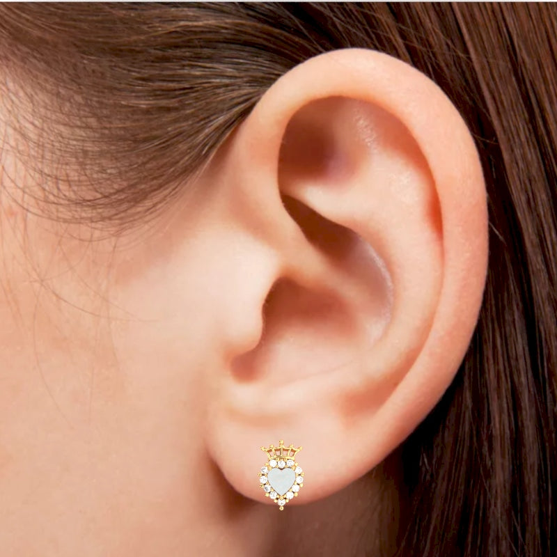 Opal Diamond Claddagh Motive Stud Earrings in 14k Yellow Gold