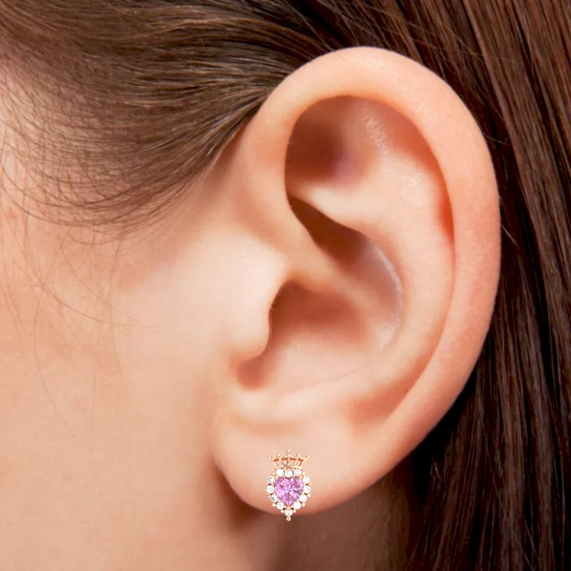 Lab-Created Pink Sapphire Diamond Claddagh Motive Stud Earrings in 14k Rose Gold