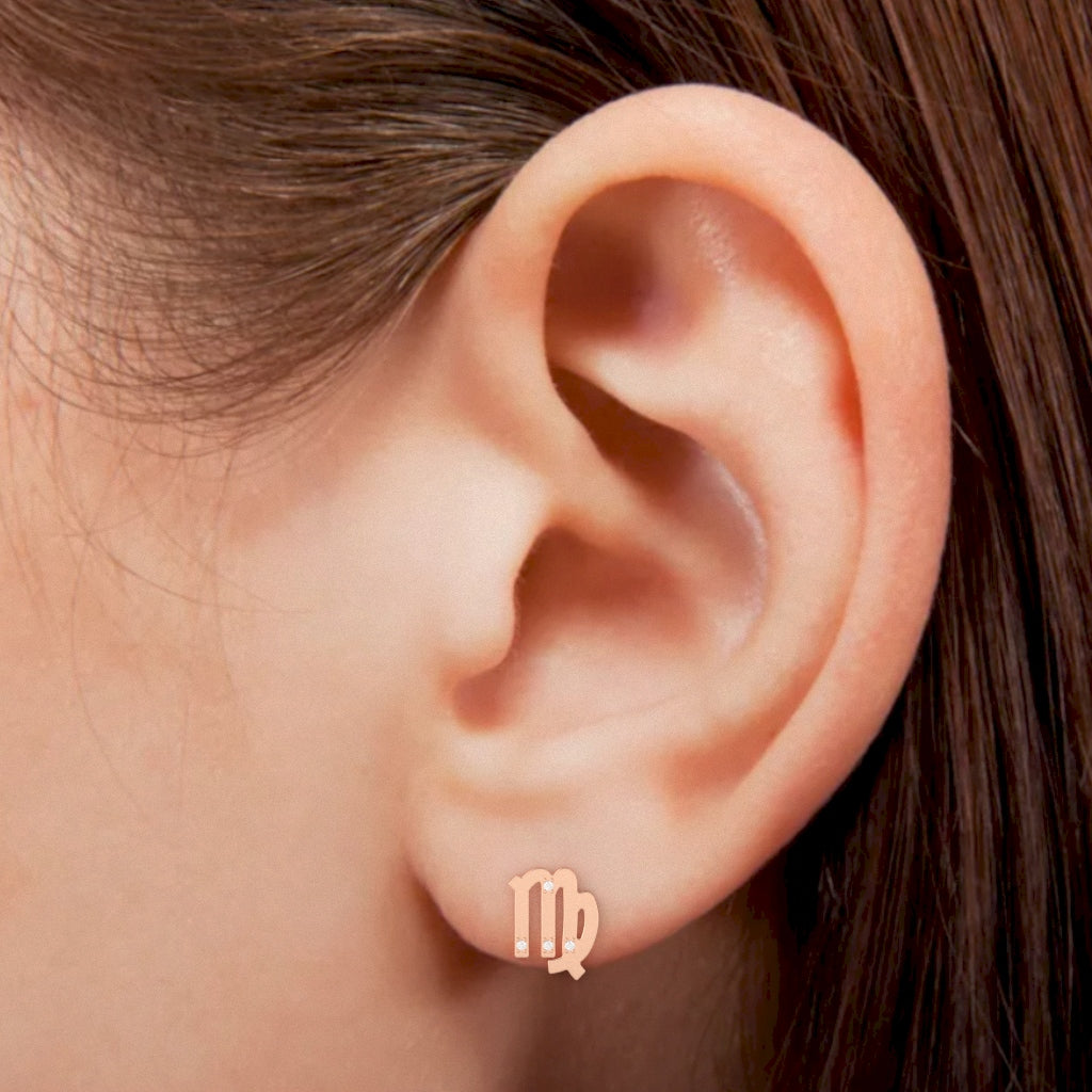 Virgo Zodiac Sign Diamond Stud Earrings In Solid 10K Rose Gold