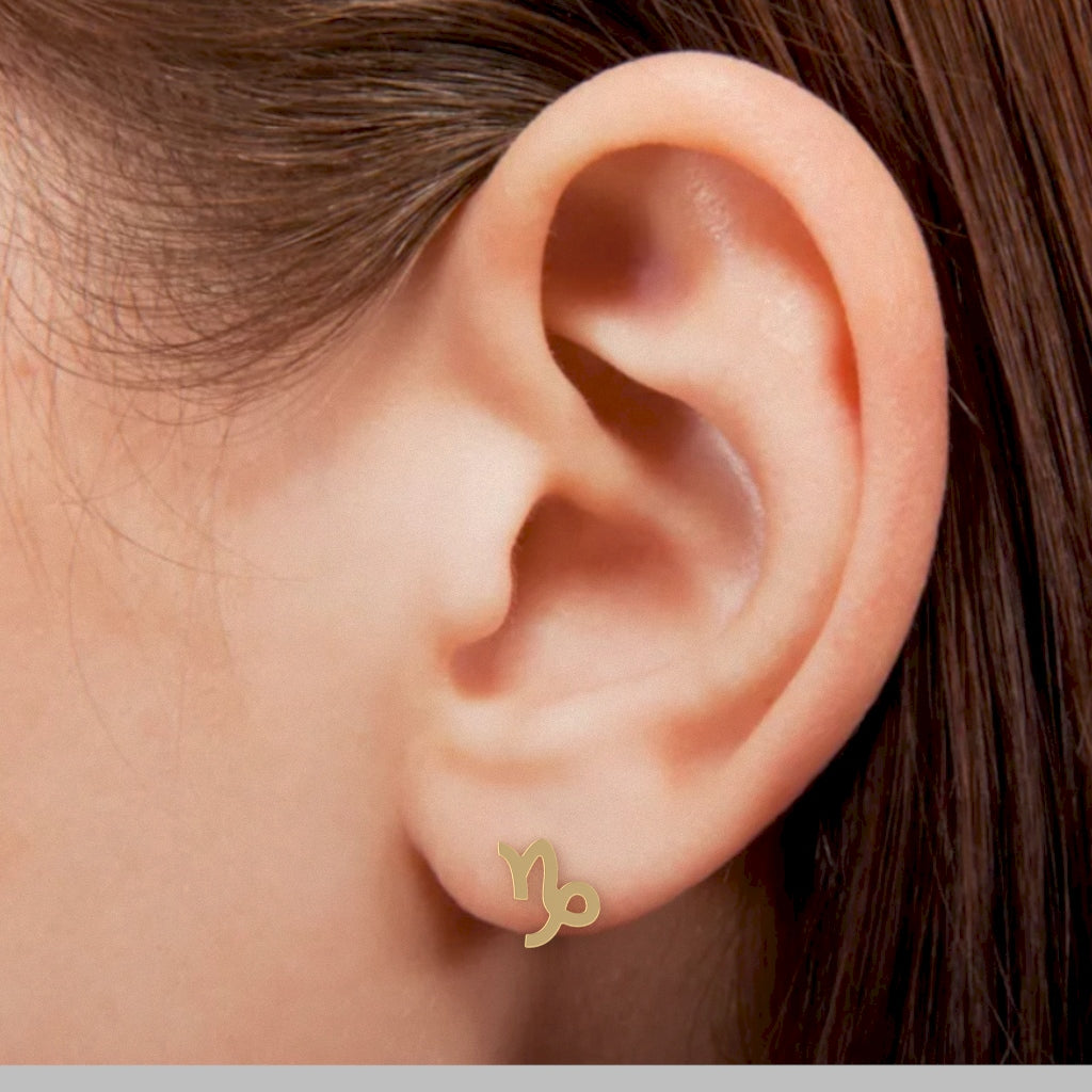 Capricorn Zodiac Sign Stud Earrings In Solid 14K Yellow Gold