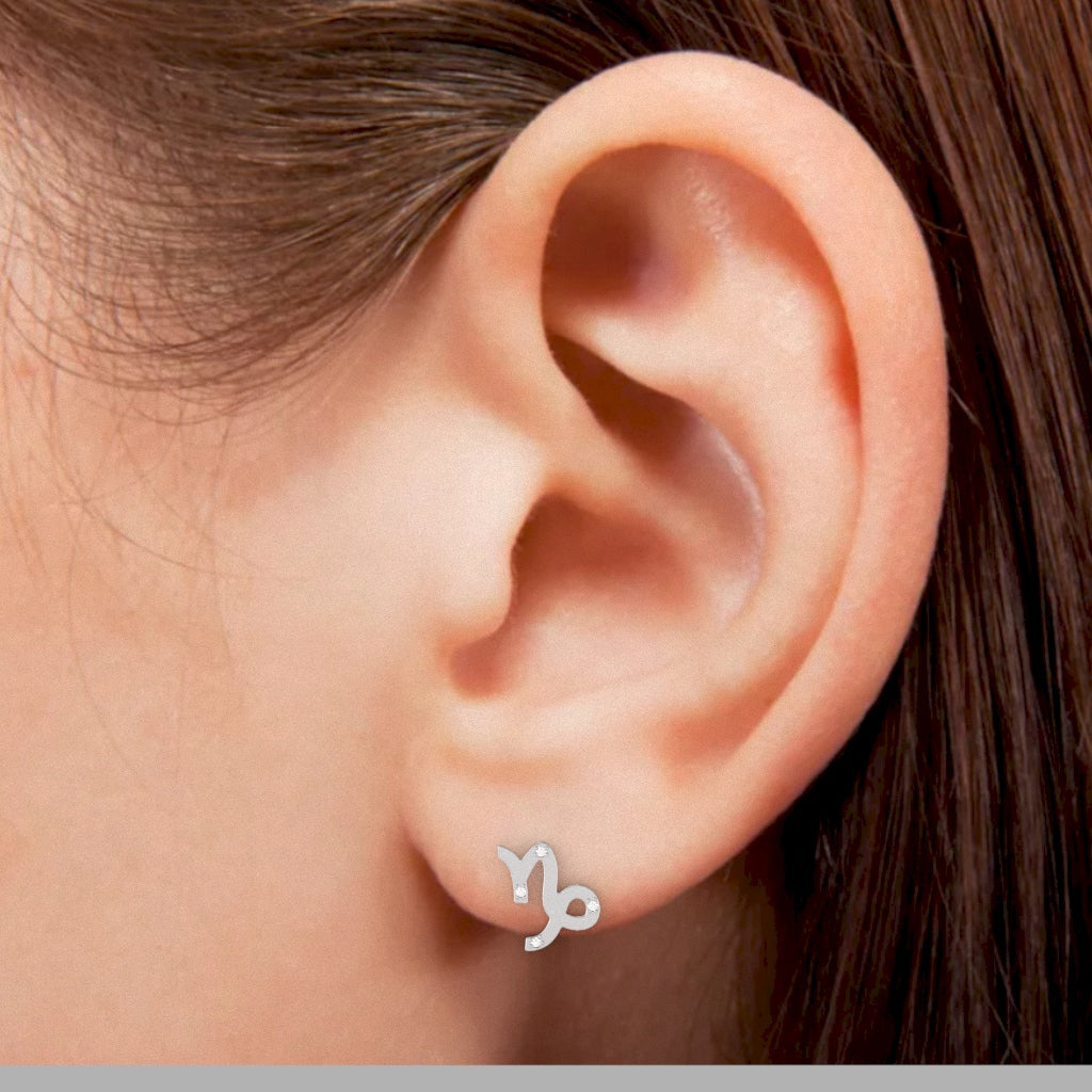 Capricorn Zodiac Sign Diamond Stud Earrings In Solid 14k White Gold