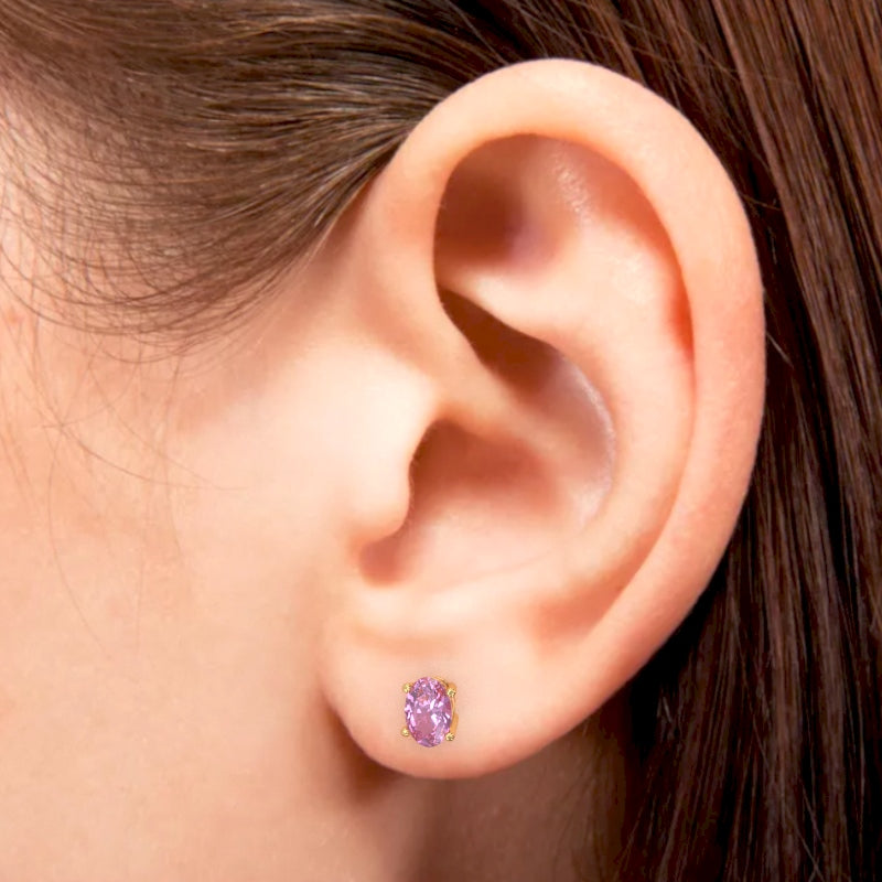 Lab-Created Pink Sapphire 7x5mm Oval Stud Earrings in 14k Yellow Gold