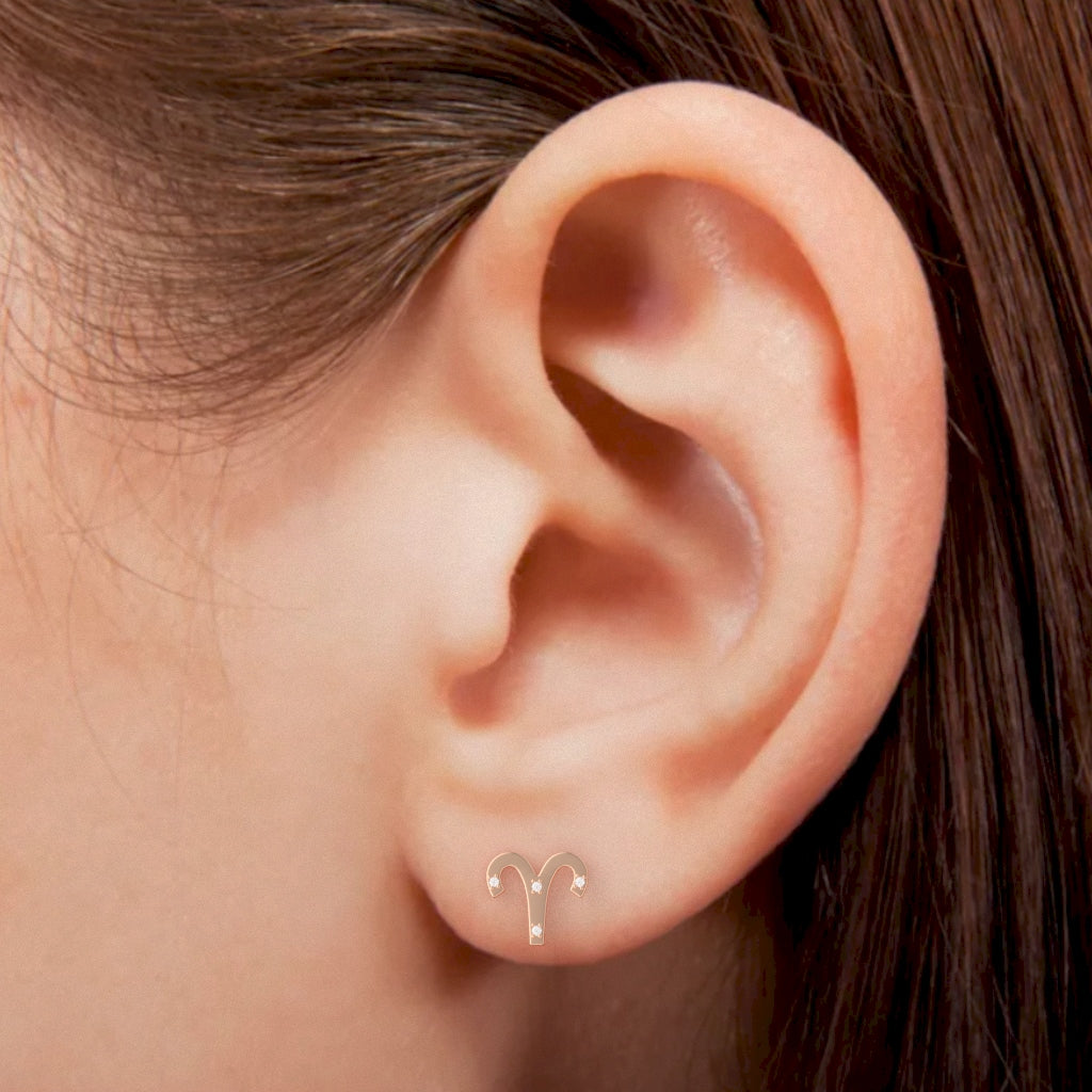 Aries Zodiac Sign Diamond Stud Earrings In Solid 10K Rose Gold