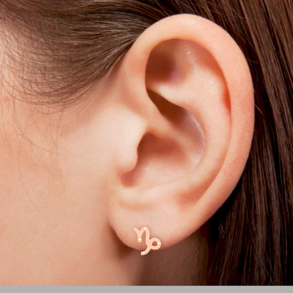 Capricorn Zodiac Sign Diamond Stud Earrings In Solid 14k Rose Gold