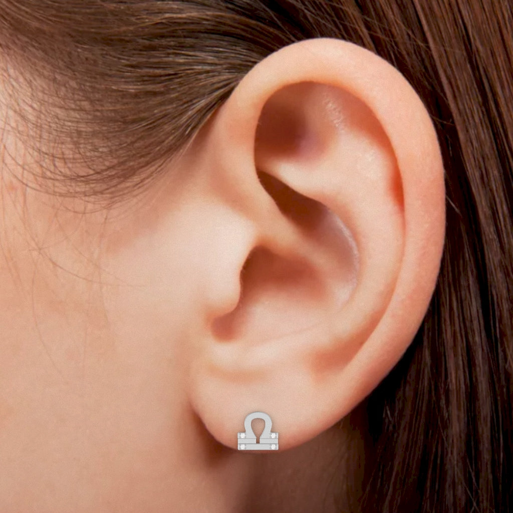 Libra Zodiac Sign Diamond Stud Earrings In Solid 10K White Gold
