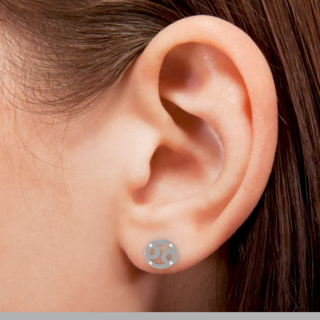 Cancer Zodiac Sign Diamond Stud Earrings In Solid 10K White Gold