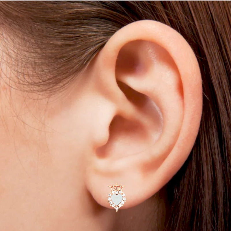 Opal Diamond Claddagh Motive Stud Earrings in 14k Rose Gold