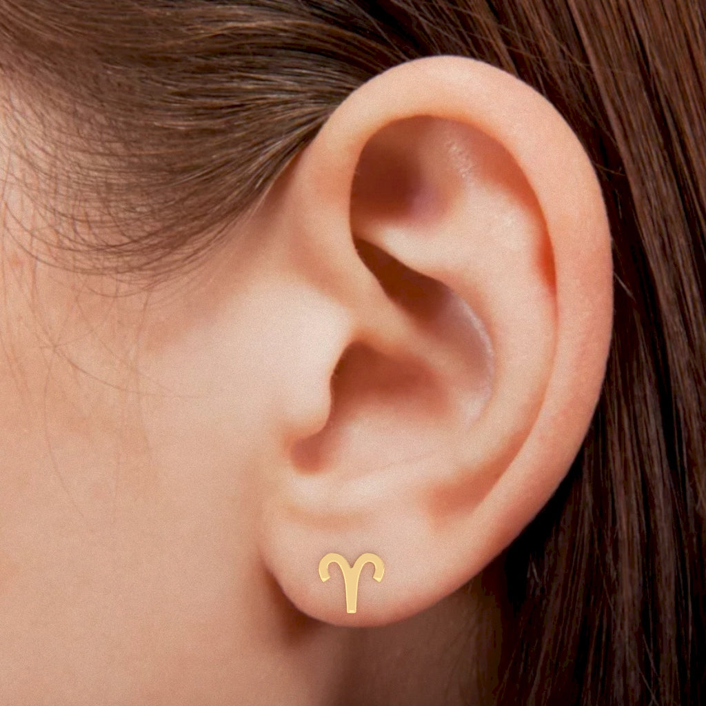 Aries Zodiac Sign Stud Earrings In Solid 10K Yellow Gold