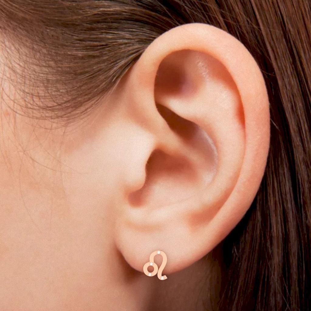 Leo Zodiac Sign Diamond Stud Earrings In Solid 14k Rose Gold