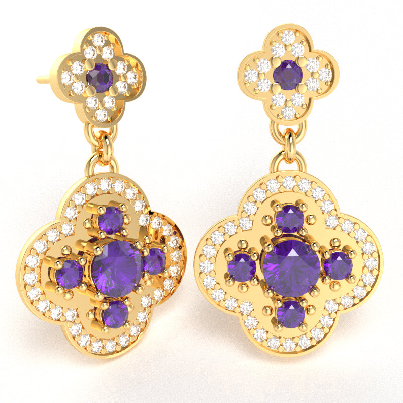 Shamrock Clover Flower Leaf Amethyst Diamond Earrings In 14k Yellow Gold