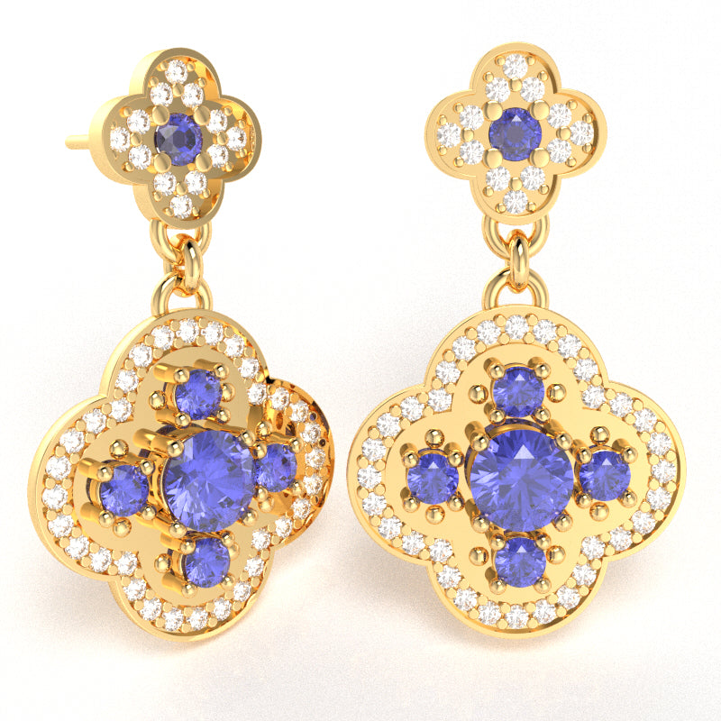 Shamrock Clover Flower Leaf Tanzanite Diamond Earrings In 14k Yellow Gold