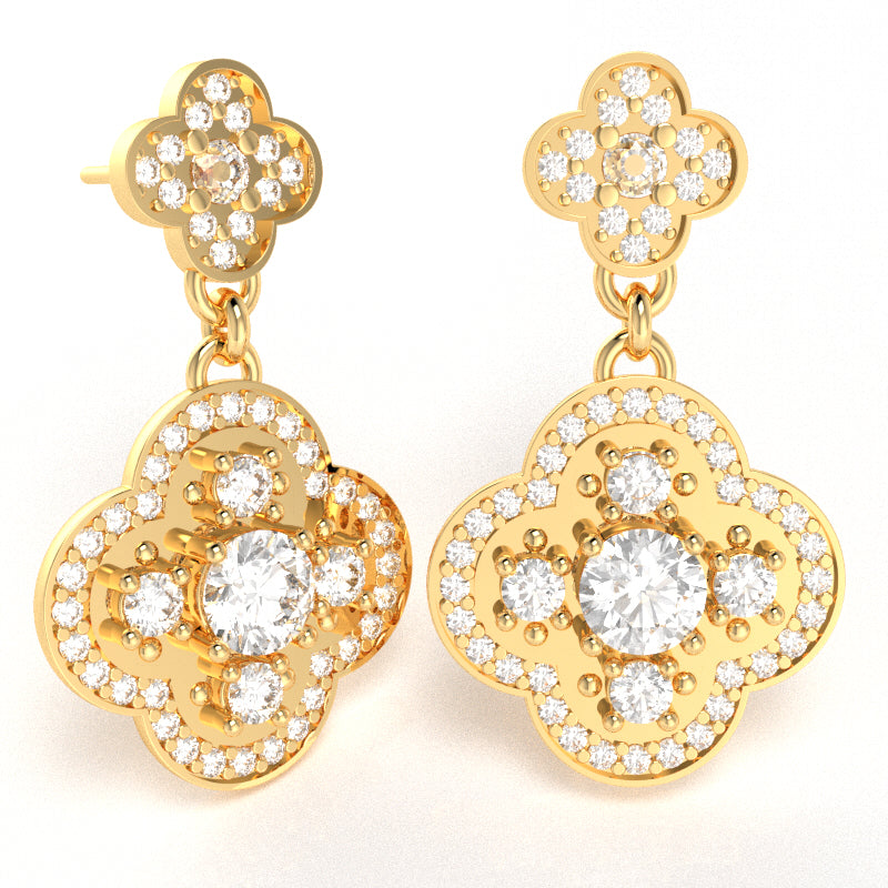 Shamrock Clover Flower Leaf White Topaz Diamond Earrings In 14k Yellow Gold