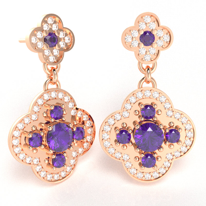 Shamrock Clover Flower Leaf Amethyst Diamond Earrings In 14k Rose Gold