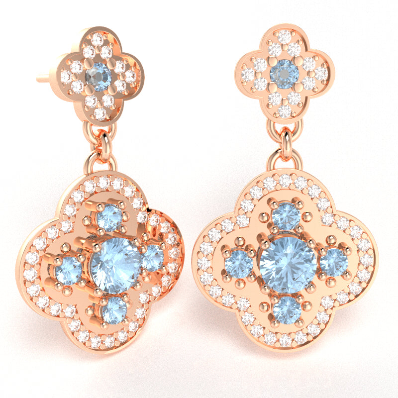 Shamrock Clover Flower Leaf Aquamarine Diamond Earrings In 14k Rose Gold