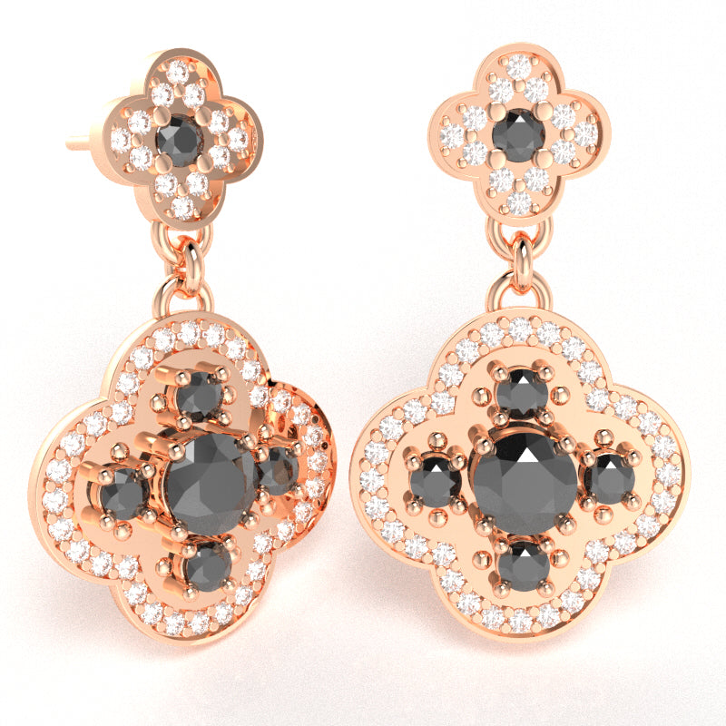 Shamrock Clover Flower Leaf Black Onyx Diamond Earrings In 14k Rose Gold