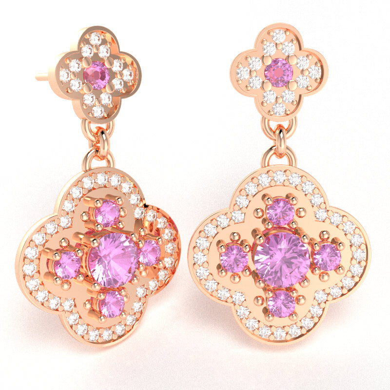 Shamrock Clover Flower Leaf Lab-Created Pink Sapphire Diamond Earrings In 14k Rose Gold