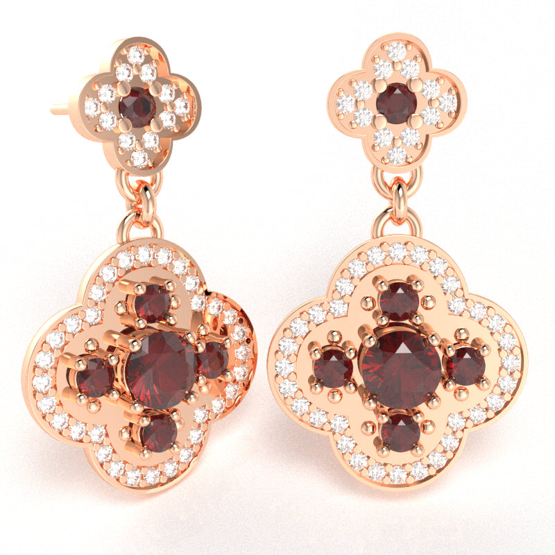 Shamrock Clover Flower Leaf Lab-Created Ruby Diamond Earrings In 14k Rose Gold