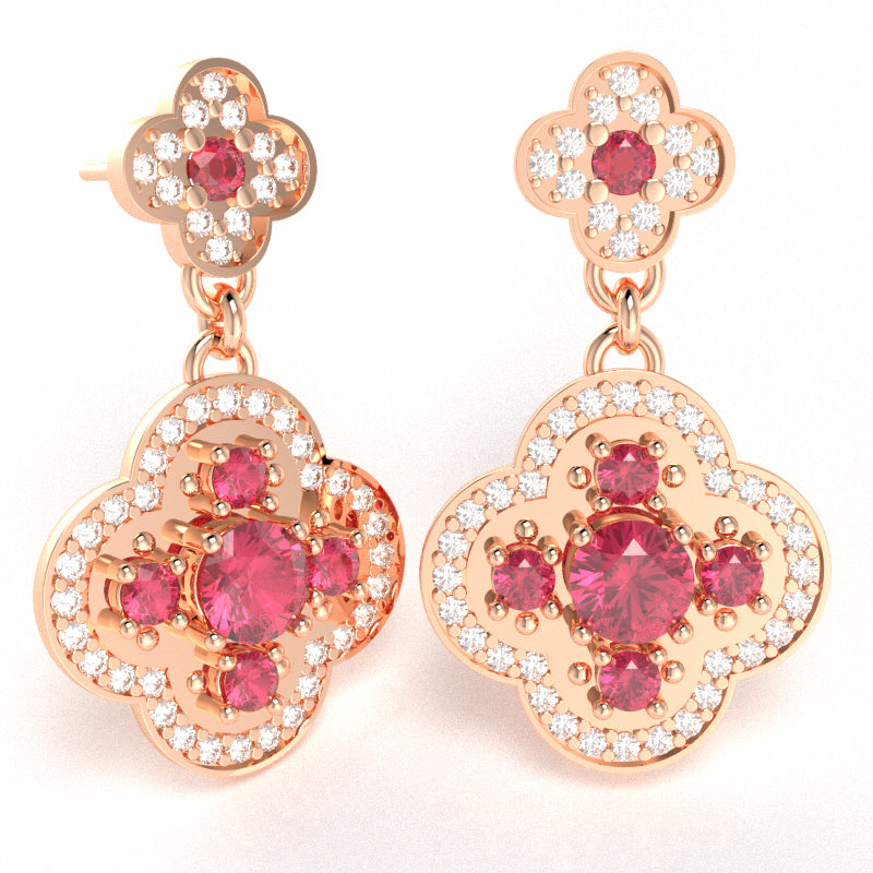 Shamrock Clover Flower Leaf Pink Tourmaline Diamond Earrings In 14k Rose Gold