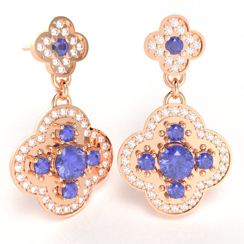 Shamrock Clover Flower Leaf Tanzanite Diamond Earrings In 14k Rose Gold