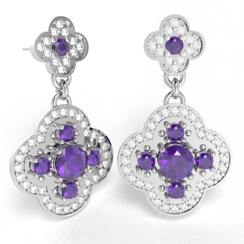 Shamrock Clover Flower Leaf Amethyst Diamond Earrings In 14k White Gold