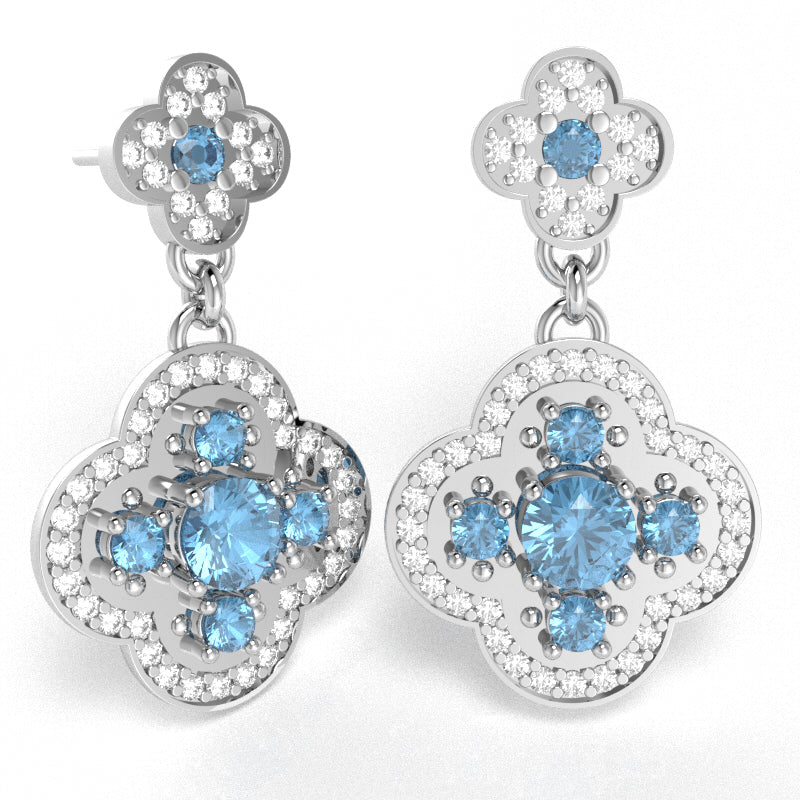 Shamrock Clover Flower Leaf Blue Topaz Diamond Earrings In 14k White Gold