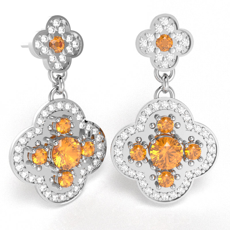 Shamrock Clover Flower Leaf Citrine Diamond Earrings In 14k White Gold