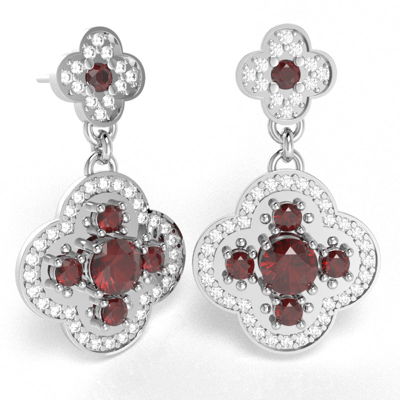 Shamrock Clover Flower Leaf Lab-Created Ruby Diamond Earrings In 14k White Gold