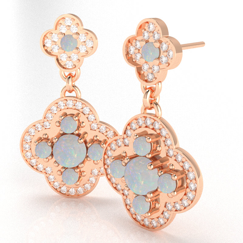 Shamrock Clover Flower Leaf Opal Diamond Earrings In 14k Rose Gold