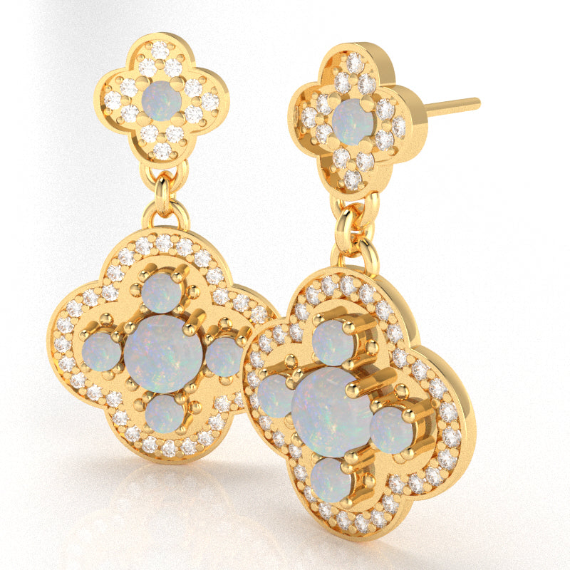 Shamrock Clover Flower Leaf Opal Diamond Earrings In 14k Yellow Gold