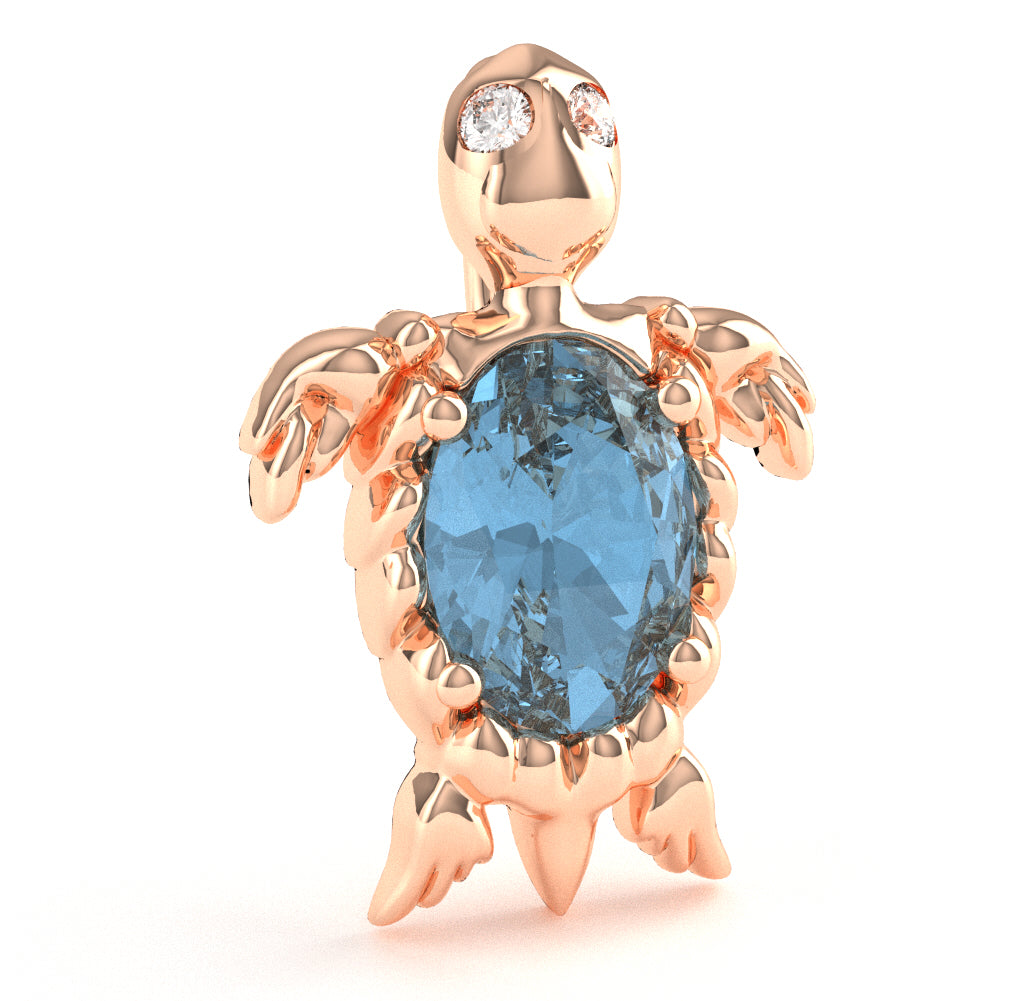 Blue Topaz Diamond  Sea Turtle Pendant In 14k Rose Gold