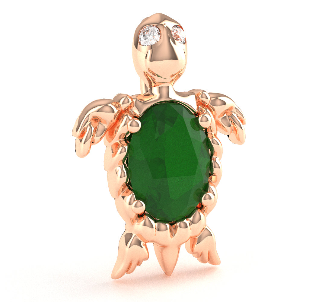 Emerald Diamond  Sea Turtle Pendant In 14k Rose Gold