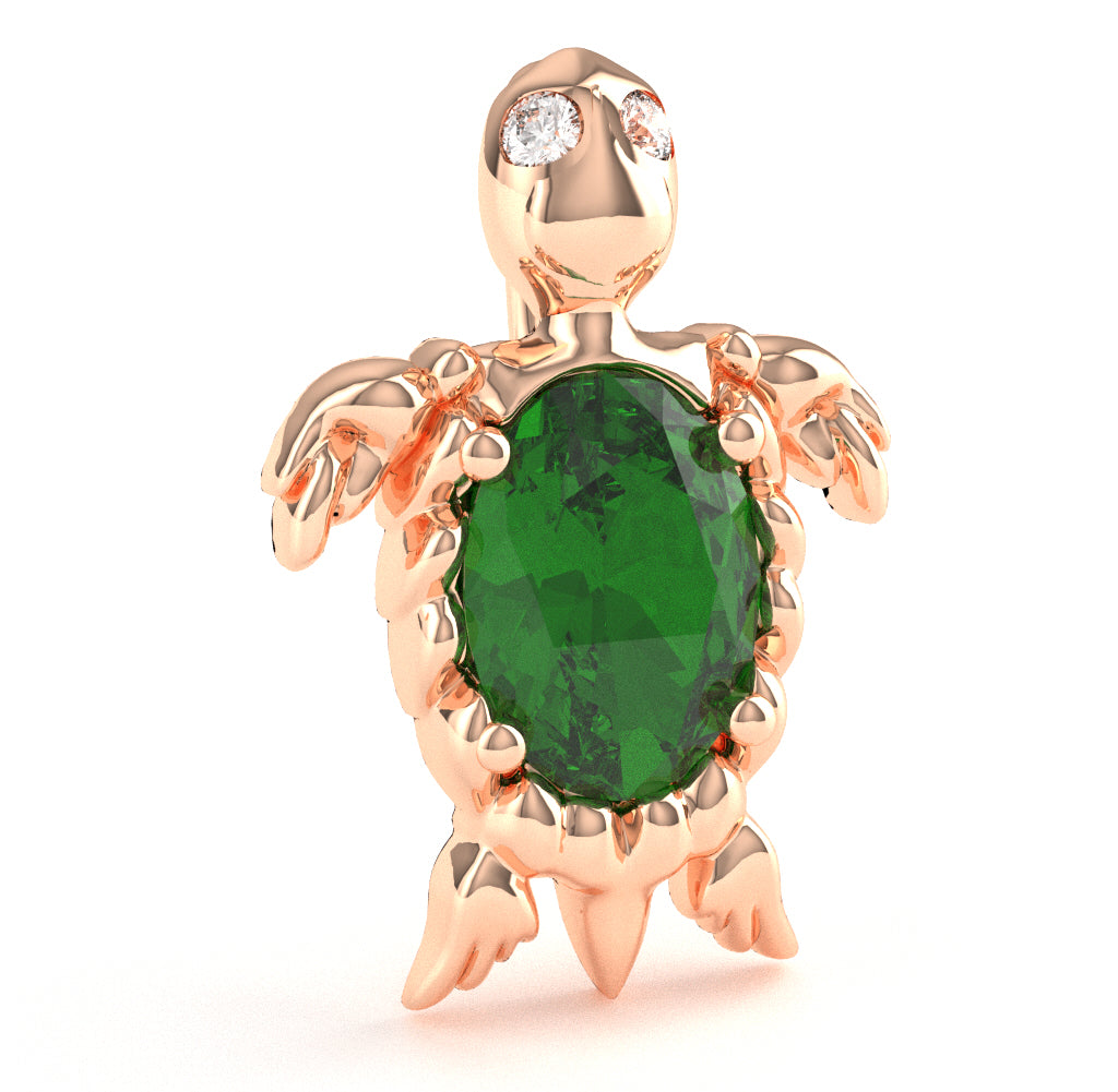 Lab-Created Emerald Diamond  Sea Turtle Pendant In 10k Rose Gold