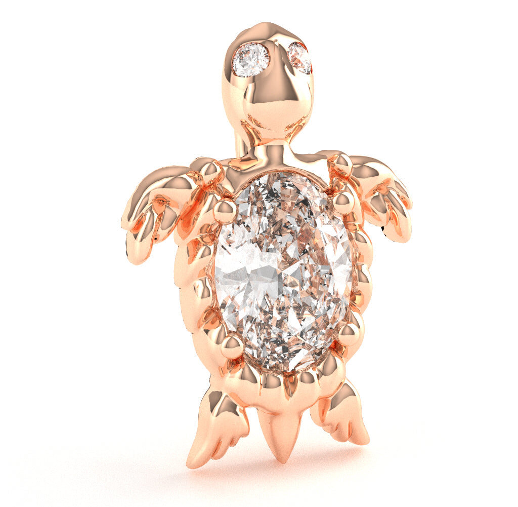 White Topaz Diamond  Sea Turtle Pendant In 14k Rose Gold