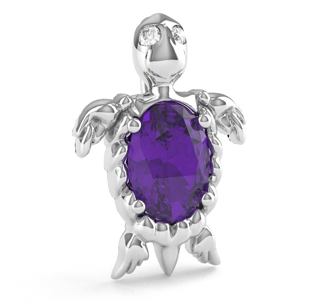Amethyst Diamond  Sea Turtle Pendant In 14k White Gold